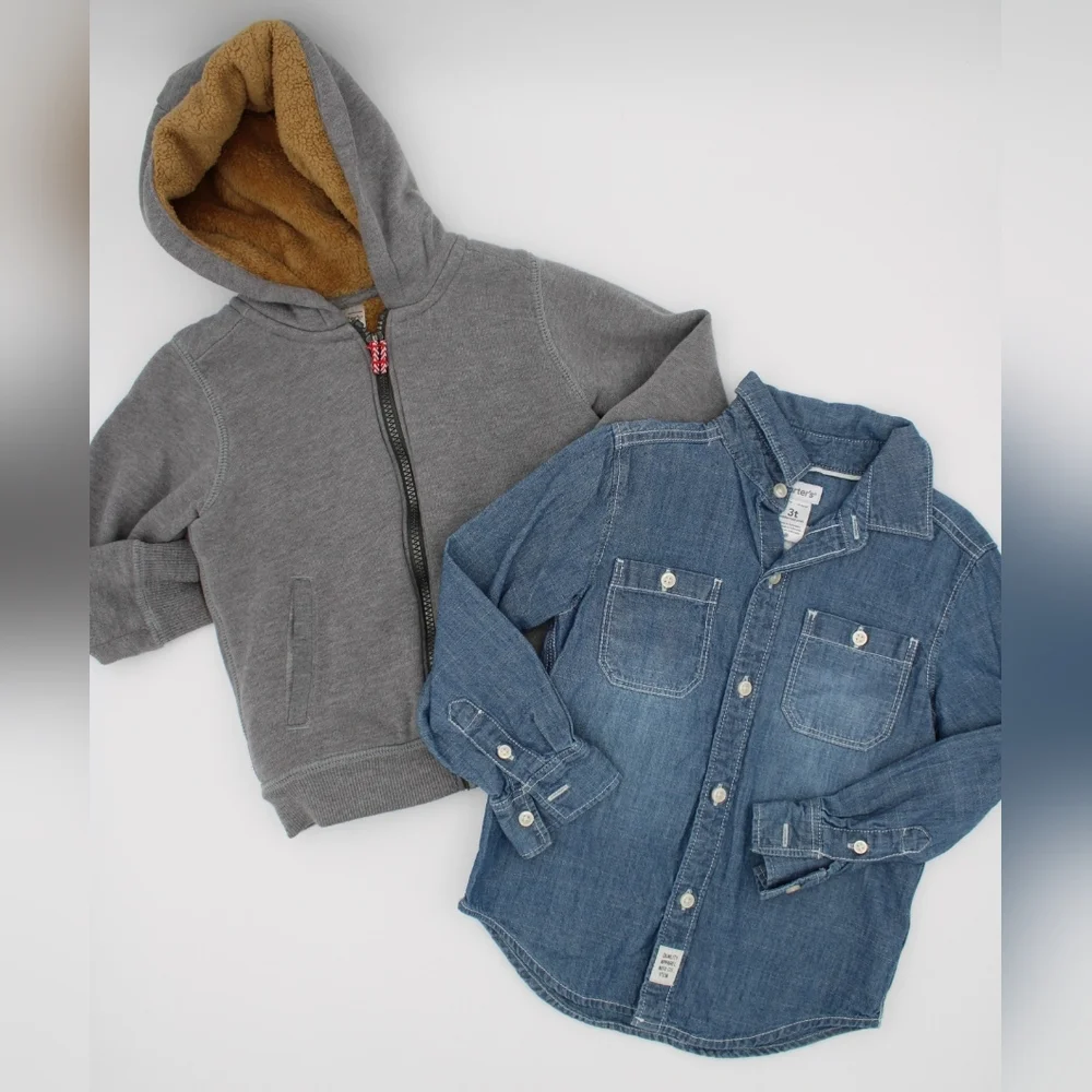 Carter's 2pc Boys 3T Denim Shirt & Grey Sherpa-Lined Hoodie Bundle